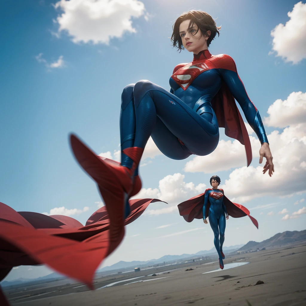 solo, 1girl, 5uper, supergirl, black hair, pixie haircut, blue eyes, blue bodysuit, long sleeves, red cape, floating down towards earth