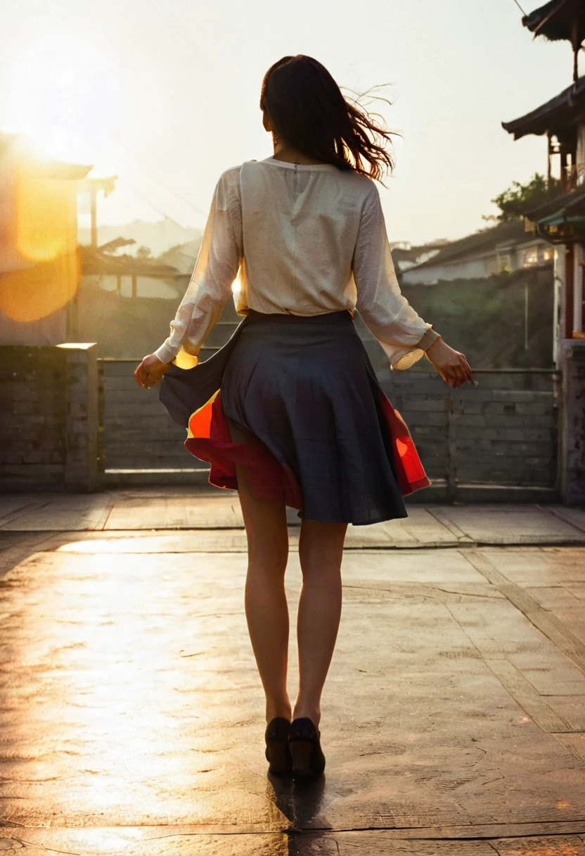 A rising sun,There are no clouds in the sky,A woman in a skirt,Heading towards the sun,长发女人的Back,Back,迎着阳光的Back,Simple picture,Very real,Minimalist style,Warm colors