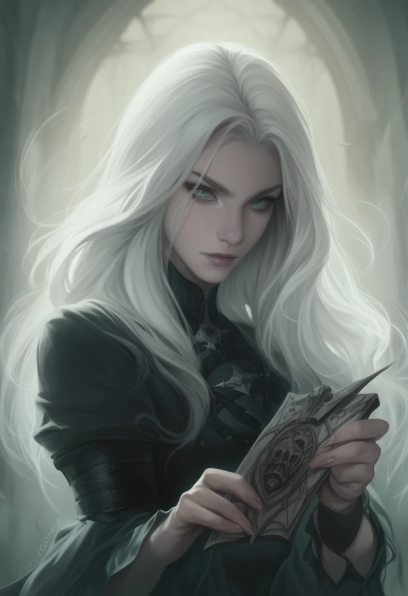 A beautiful female hot elven archer, long platinum hair, piercing green eyes, pale skin, holding a jade war-bow, dark fantasy setting, moody atmosphere, gothic aesthetic, (best quality,4k,8k,highres,masterpiece:1.2),ultra-detailed,(realistic,photorealistic,photo-realistic:1.37), extremely detailed facial features, intricate details, cinematic lighting, dramatic shadows, muted color palette, dramatic composition