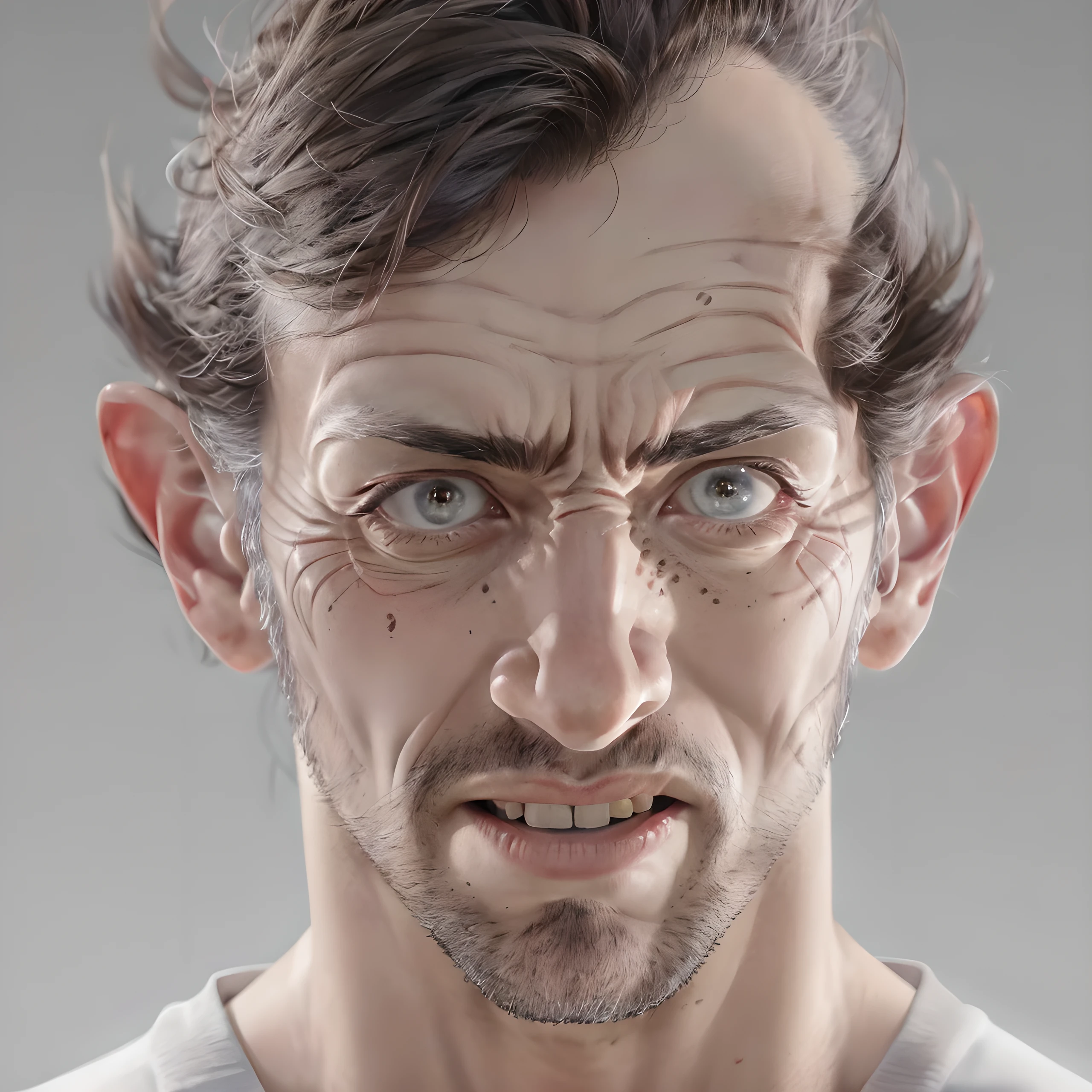 a cartoon character, 1 man, male, large eyes, teeth, skull, sharp teeth, looking at viewer, masculine focus, white background, (best quality,4k,8k,highres,masterpiece:1.2),ultra-detailed,(realistic,photorealistic,photo-realistic:1.37),hyperrealistic,extremely detailed face and anatomy,highly detailed anatomy,exquisite details,intricate details,artist signature