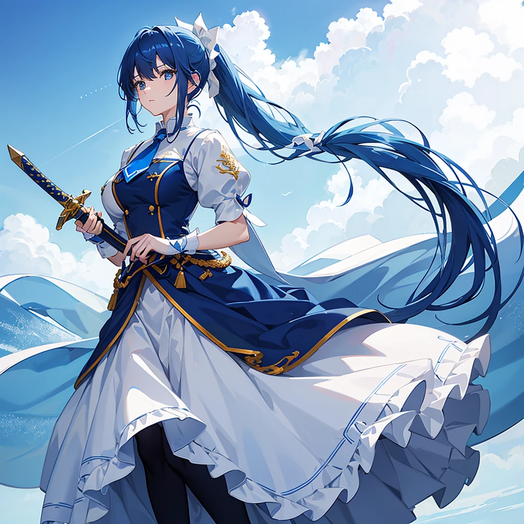 high resolution、high quality、masterpiece、detailed、1 female、Blue Hair、ponytail、White ribbon、White clothing with blue decorations、blue tie、Blue long skirt、Holding a large sword in both hands, he stands in a straight stance.、