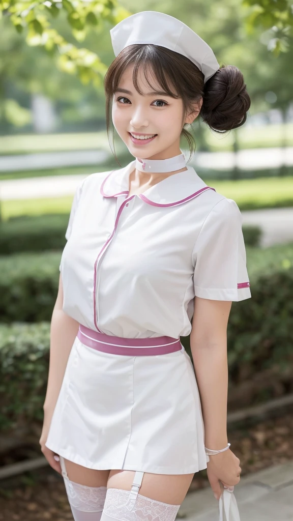 Top quality, Photo Real, High resolution, Detailed Background, (((Beautiful skin in every detail))), Detailed nose, (((Without makeup1.100))),(((Completely no makeup))),((Clear and beautiful skin with transparency1.100)),Soft lighting, (Solo Shot:1.9),(((Thick fabric round collar nurse uniform1.15))),(((She is wearing a white clothes which is completely buttoned1.20))),(tight clothing1.8),(((She is wearing a cute shape plain color nurse cap))),Neat clothes with little exposure,(((Very soft-looking thighs1.30))),(((Short skirt))),(((Neck choker))),(((Garter belt))),Little close-up shot, (((Shooting above the knee))),Nice hands, Perfect hands, Clear Eyes,Pale skin,1 beautiful woman, (Japanese girl1.55),(((Around 1.20))),(Permed hair1.8),(((Bun hair1.8))),(((Soft-looking chest1.10))),(((A very large and well-shaped chesthidden under clothes1.10))),(((Cute lips1.20))),(((Great style1.55))), (Open-mouthed and smiling very happily1.10),(She is laughing heartily with her mouth wide open, and she looks so cute1.20),Beautiful eyes,Looking up with eyes,Staring at me,staring directly,smile towards,(She is looking straight at me from the front1.15),((Accurate structure of the limbs1.20)),(((She is working at a cutting edge and stylish hospital1.20))),