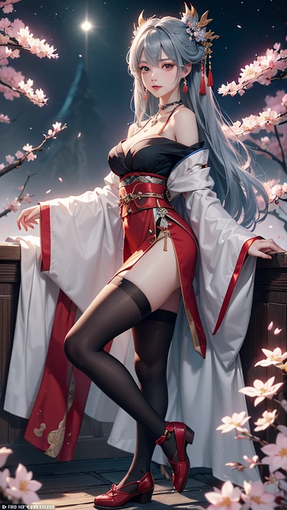 (masterpiece:1.5, Highest quality, Very detailed、 Dutch Angle、Semi-realistic、Fantasy)(One Girl, alone)(Silver Hair:1.6,,Straight Long Hair)(Wearing Han clothes, Royalty、White and red Hanfu:1.5,Thick fabric,Long sleeve)、((Off the shoulder、medium breasts, Beautiful cleavage、ruby necklace))((Above the knee tights))(from backside,cherry blossoms、dead tree、Mystical Night、Particles of light float around the woman、Fantasyのためのスペース)