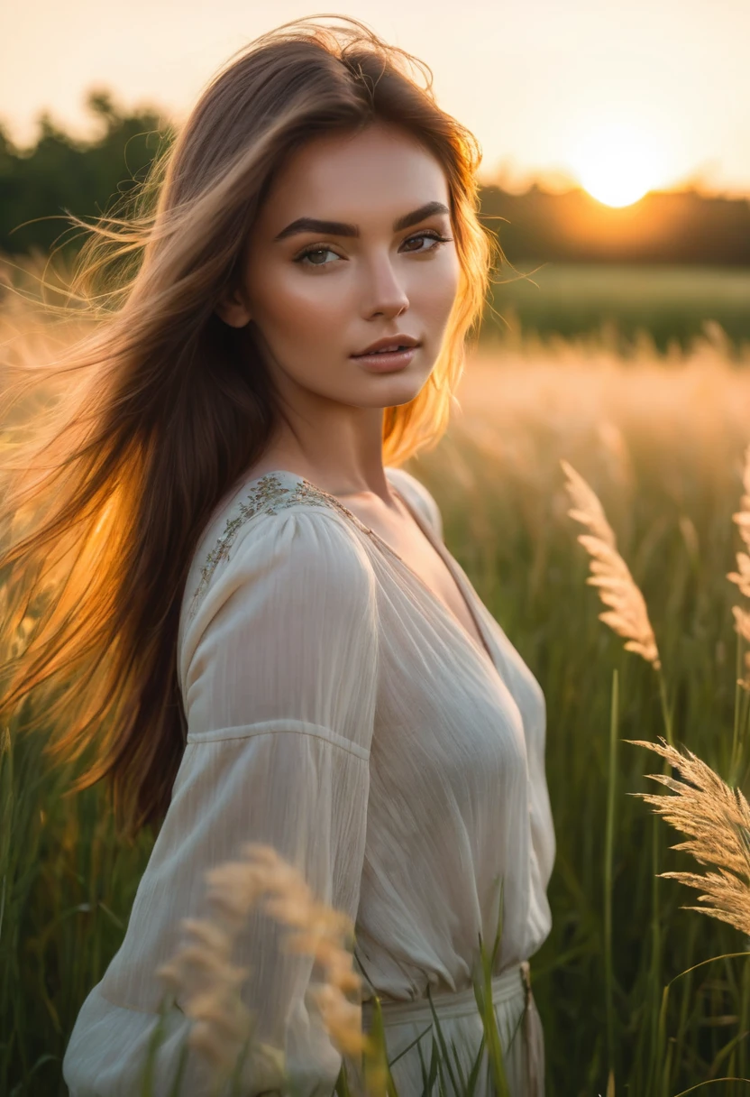 a woman standing in a field of tall grass with the sun setting, gorgeous woman, cinematic beautiful natural skin, attractive woman, attractive girl, photo of a beautiful woman, gorgeous attractive face, extremely beautiful face, in a field, beautiful female model, portrait of a beautiful model, soft portrait shot 8 k, beautiful delicate face, a beautiful young woman, attractive beautiful face
