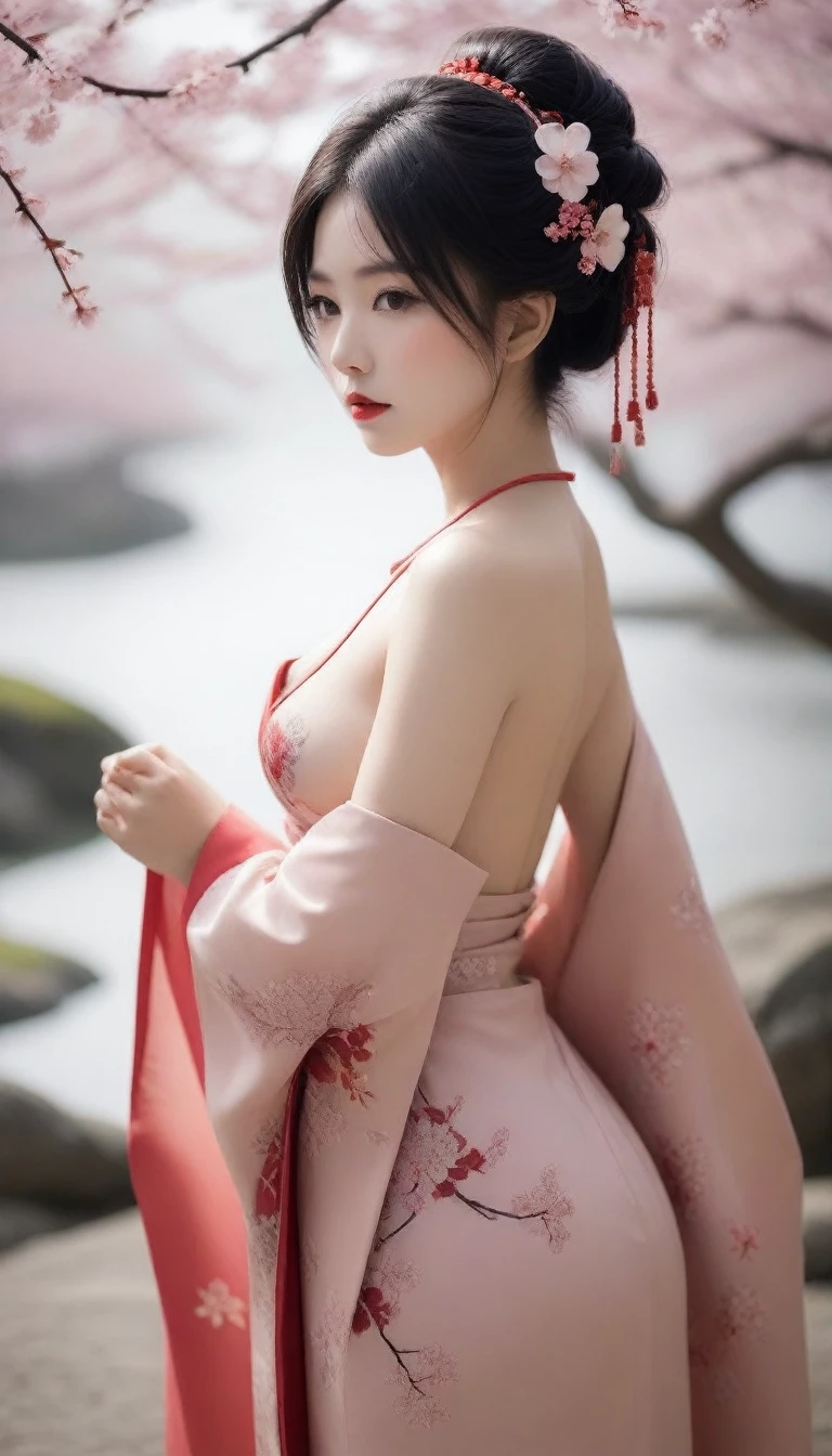 whole body beautiful geisha, (nude:1.5). geisha hair style, sakura garden