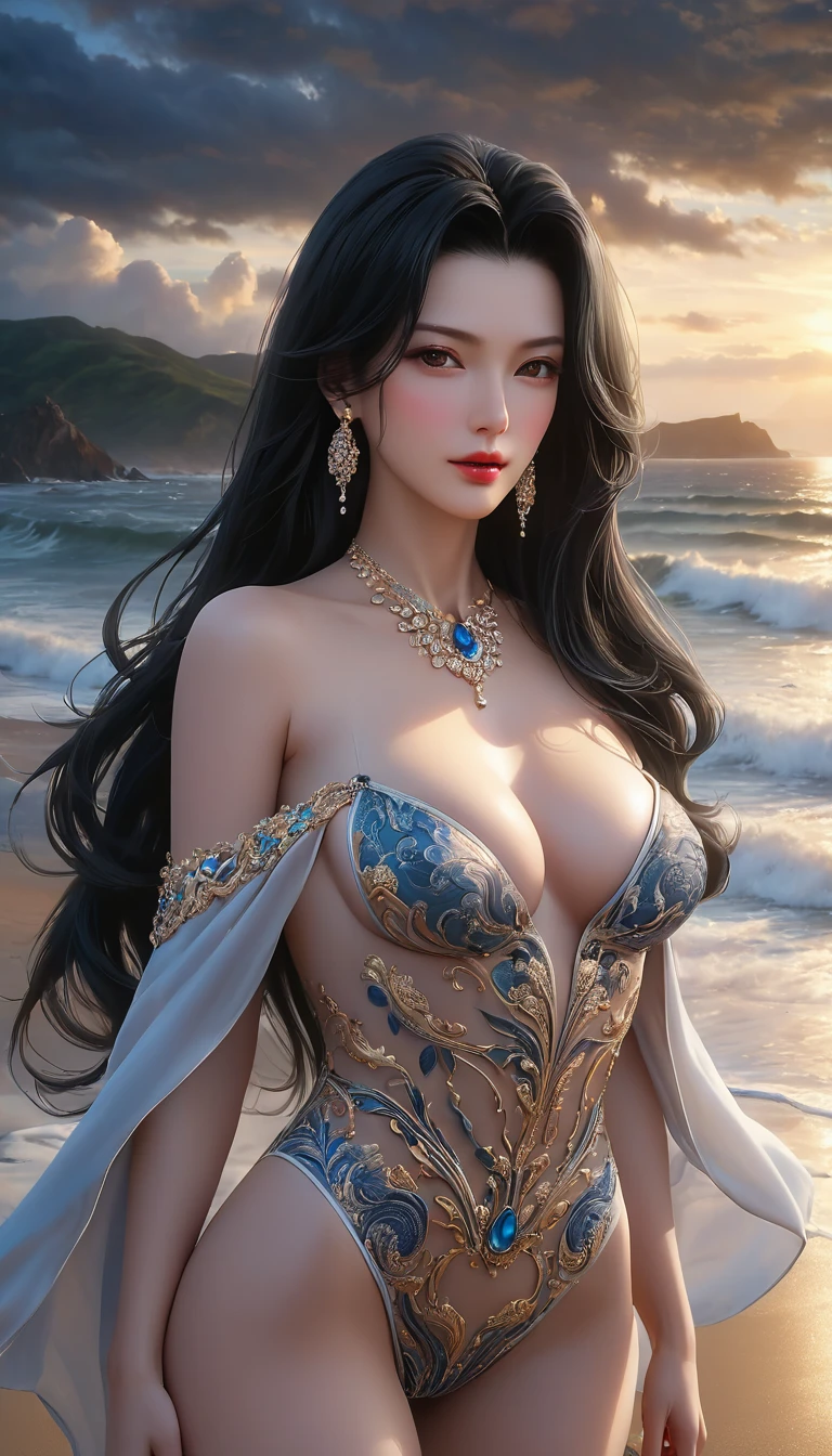 4K resolution,8K resolution,beautiful,Highest quality,Absolutely wonderful,Very detailed,Ultra-high resolution,masterpiece,(Realistic:1.5),(Realistic:1.5),Increased depth of field,Cinematic Light,
One elegant mature woman,
Long black hair,(精巧なディテールのbeautiful顔:1.5),Face with a gentle expression,Transparent white skin,Very sensitive skin,Great proportions,Glamorous Body,Anatomically correct body,
Elegant high leg swimsuit,ornate designs,Gorgeous and detailed pattern,Beautifully detailed pattern,Detailed cloth texture,Decorated with lavish jewellery,
Seaside landscape at dusk,Dark clouds and a gloomy sky,delay々A desolate sandy beach that continues,Deserted beach,Dark sea surface,
(Dramatic Angle:1.5),