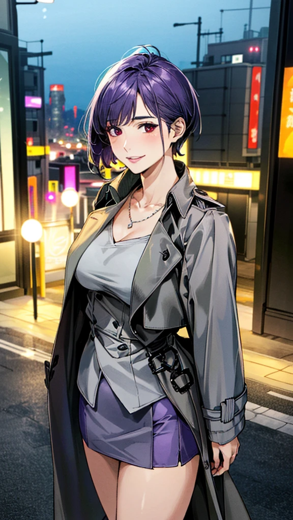 (masterpiece:1.3, Highest quality, Ultra-high resolution, Very detailed), (Realistic, photoRealistic:1.4), Beautiful illustrations, (Natural Side Lighting, Cinema Lighting), colorful, Written boundary depth, Beautiful detailsまでこだわった髪, Beautifully detailed face, Beautiful details, Beautiful clavicle, Beautiful body, 美しいLarge Breasts, Beautiful thighs, Beautiful legs, Beautiful fingers, Show Viewer、Front view:0.8, beauty1人, Japanese, beauty、30 years old, Perfect Face, (Perfect Anatomy, Anatomically correct), Cute and symmetrical face, Baby Face, , Shiny skin, ((Grey trench coat:1.4)), (mini skirt:1.5) (Purple Hair, Short Hair:1.4), Red eyes, (Large Breasts), The body is slim, necklace, (Beautiful views), (night), (city, cityscape in the distance), Standing with good posture, 優しいsmile、(smile, Lips parted),
