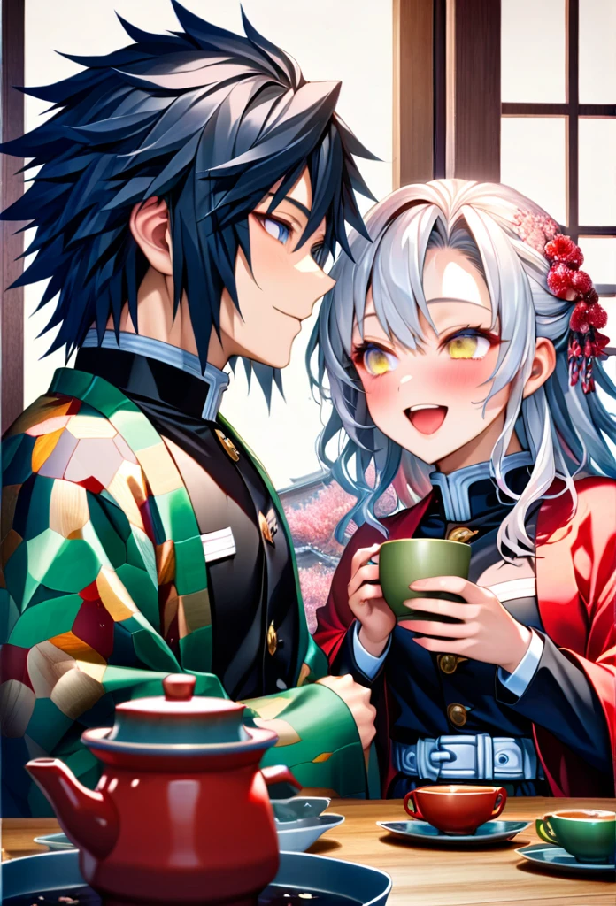 Ultra detailed, high resolution, absurd, HDR, masterpiece, anime girl and boy, beautiful woman with long white hair with deep red streaks, girl with yellow eyes, the girl is wearing a red haori, black demon slayer uniform, Kimetsu No Yaiba, fantasy, beautiful, Tomioka Giyu, Water Hashira, Tomioka holding a yunomi with tea, couple, romantic, inside a Japanese house, best quality, extremely detailed face, love, romance, anime, they are really in love, they are having fun together, drinking tea, smiling and laughing