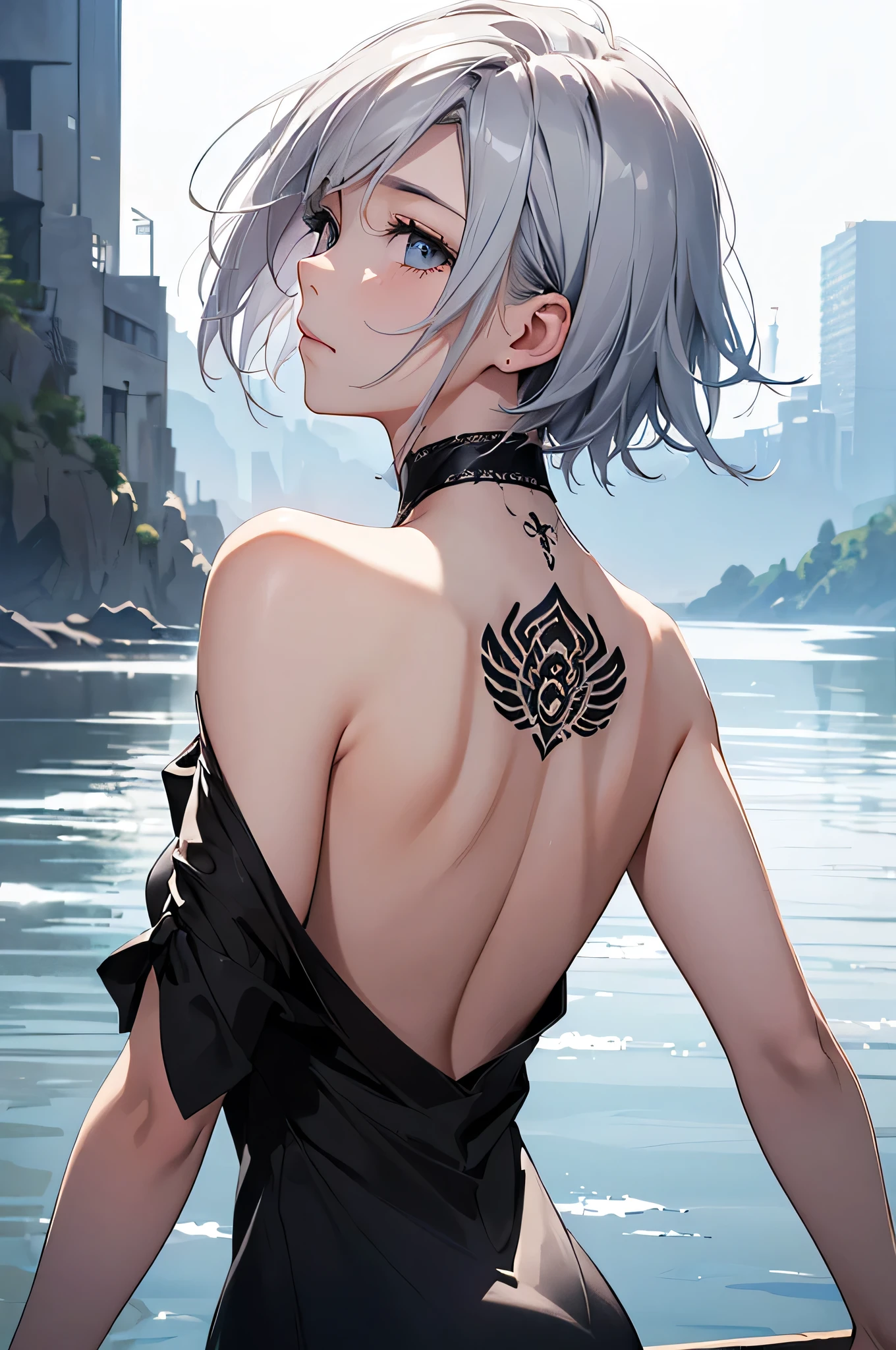 (Image from chest up:1.4)((masterpiece:1.5,Highest quality,Beautiful images、Sketch、2.5D、Ink Painting、Abstract、Artistic、Portraiture))(1girl, 独奏)(medium breasts, Silver Hair、short hair、sideboob、Exposing shoulders、Tattoo on shoulder)(横顔のPortraiture,Gaze sideways、Gaze diagonally、Shake your head、A sad expression, floating hair)(モノトーンのAbstractな背景)((from backside:1.3)),Landscape
