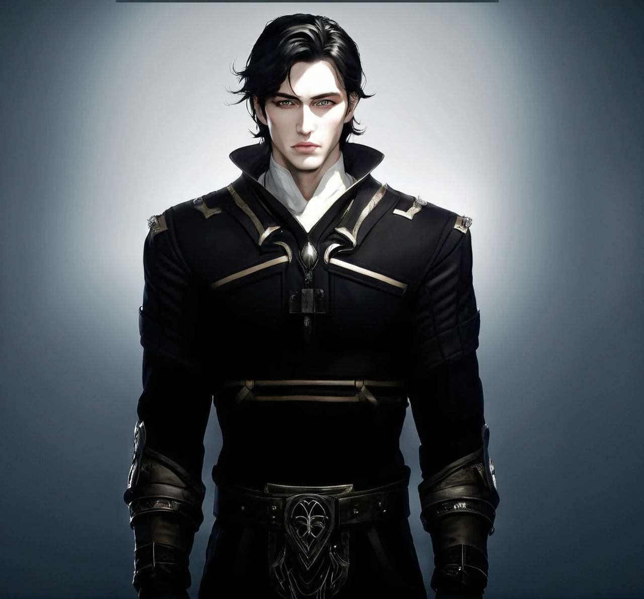 A tall, black-clothed, white young man with black hair and white eyes