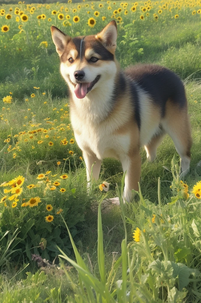 A Shiba Inu standing in a lush meadow full of blooming sunflowers. The dog seems happy, Stick your tongue out, Maybe they&#39;re gasping for air or laughing.. wood々Sunlight shining through, Casting a warm glow on the scene, Creates a calm and peaceful atmosphere.
