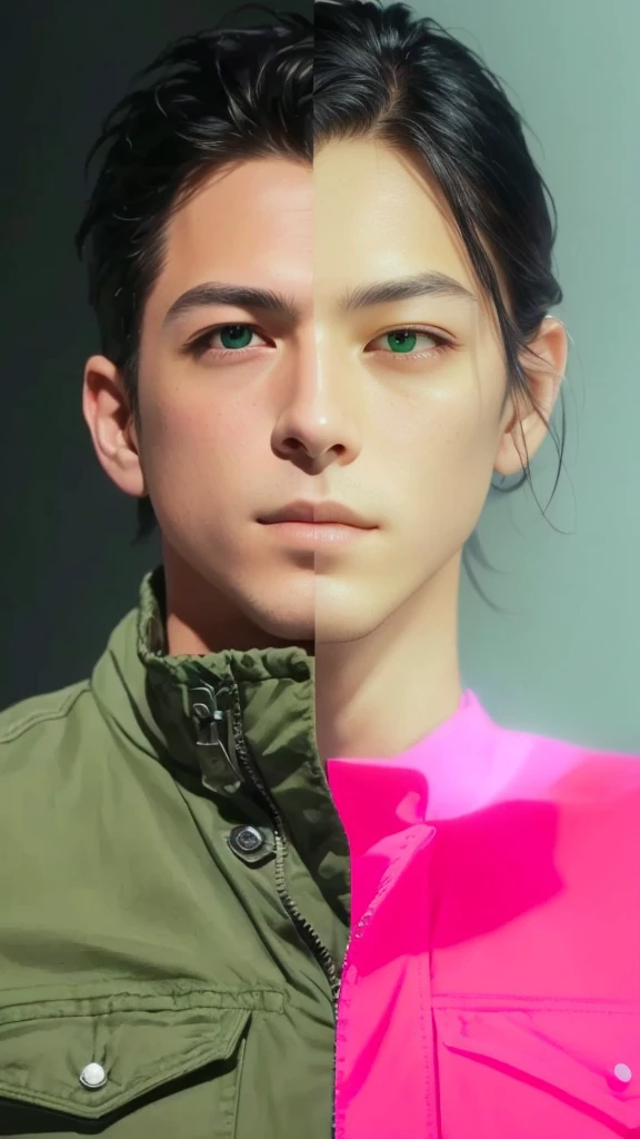 masterpiece, best quality, (extremely detailed CG unity 8k wallpaper), (best quality), (best illustration), (best shadow), absurdres, The image is a split-screen photograph of two individuals merged into one face. On the left, there's a man with short dark hair wearing a green jacket with zippers and buttons. His gaze is directed slightly to his right, and he has a serious expression. On the right, there's a woman with long dark hair, parted in the middle, and she's wearing a pink top with a high neckline. Her eyes are looking straight ahead, and her expression is neutral. The background of both halves is plain and nondescript, ensuring that the focus remains on their combined image.