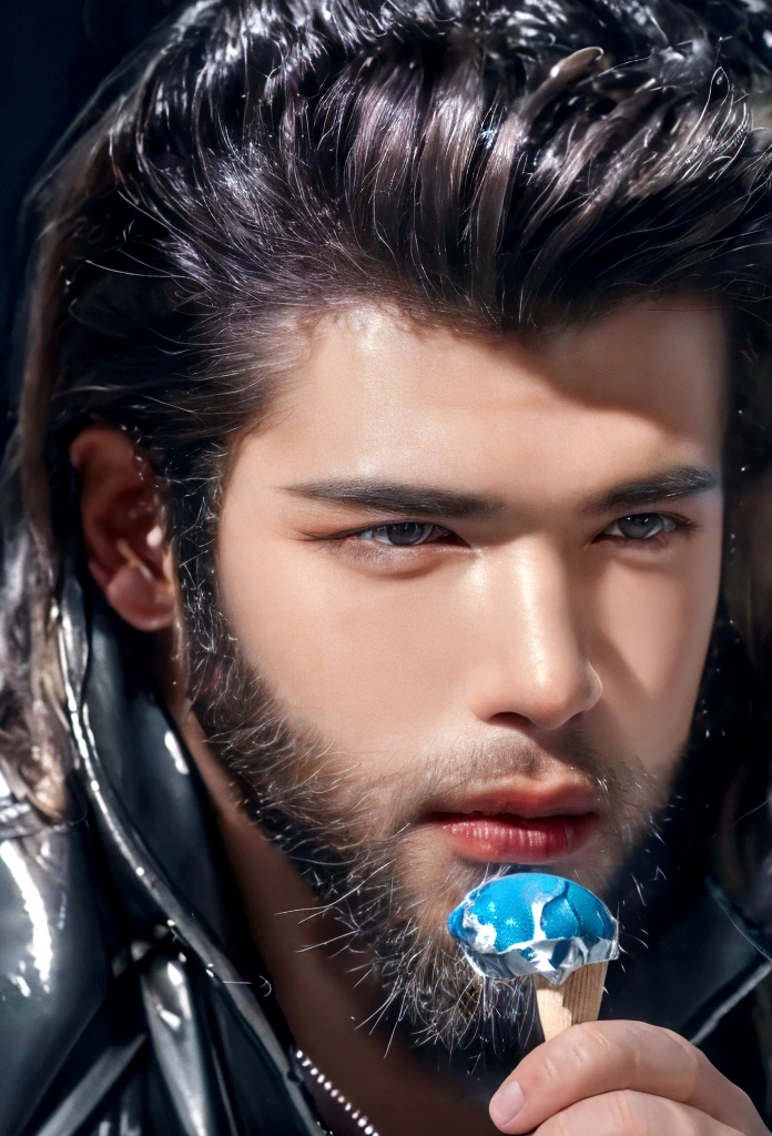 Handsome mid-young man wearing a leather jacket, wearing a cap, with silver hair, holding ice cream, silver messy hair, handsome, sexy and masculine beauty, some beard, repairing a car in a very cool pose, super detailed face, (8k, RAW photo, photorealistic:1.25) ,( lipgloss, eyelashes, man, gloss-face, glossy skin, dark skin, dark snik, male, best quality, ultra highres, young man, depth of field, chromatic aberration, caustics, Broad lighting, natural shading, Kpop idol) looking at viewer with a serene and god-like happiness,