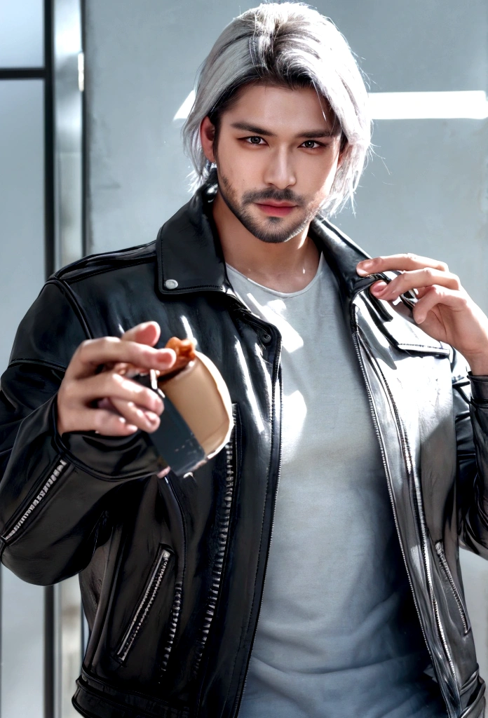 Handsome mid-young man wearing a leather jacket, wearing a cap, with silver hair, holding ice cream, silver messy hair, handsome, sexy and masculine beauty, some beard, repairing a car in a very cool pose, super detailed face, (8k, RAW photo, photorealistic:1.25) ,( lipgloss, eyelashes, man, gloss-face, glossy skin, dark skin, dark snik, male, best quality, ultra highres, young man, depth of field, chromatic aberration, caustics, Broad lighting, natural shading, Kpop idol) looking at viewer with a serene and god-like happiness,