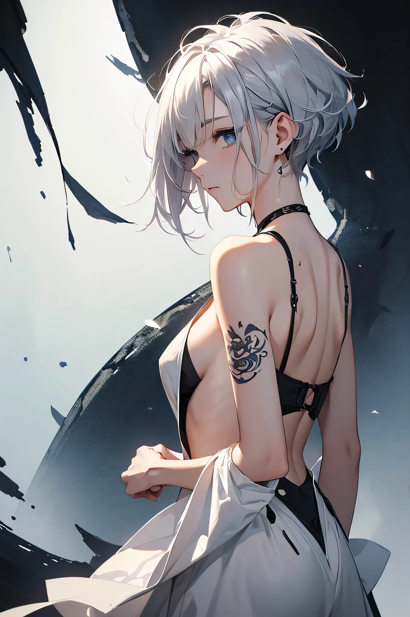(Image from chest up:1.4)((masterpiece:1.5,Highest quality,Beautiful images、Sketch、2.5D、Ink Painting、Abstract、Artistic、Portraiture))(1girl, solo)(medium breasts, Silver Hair、short hair、sideboob、Exposing shoulders、Tattoo on shoulder)(Profile Portrait,Gaze sideways、Gaze diagonally、Shake your head、A sad expression, floating hair)(Monotone Abstract Background)((from backside:1.3)),Landscape