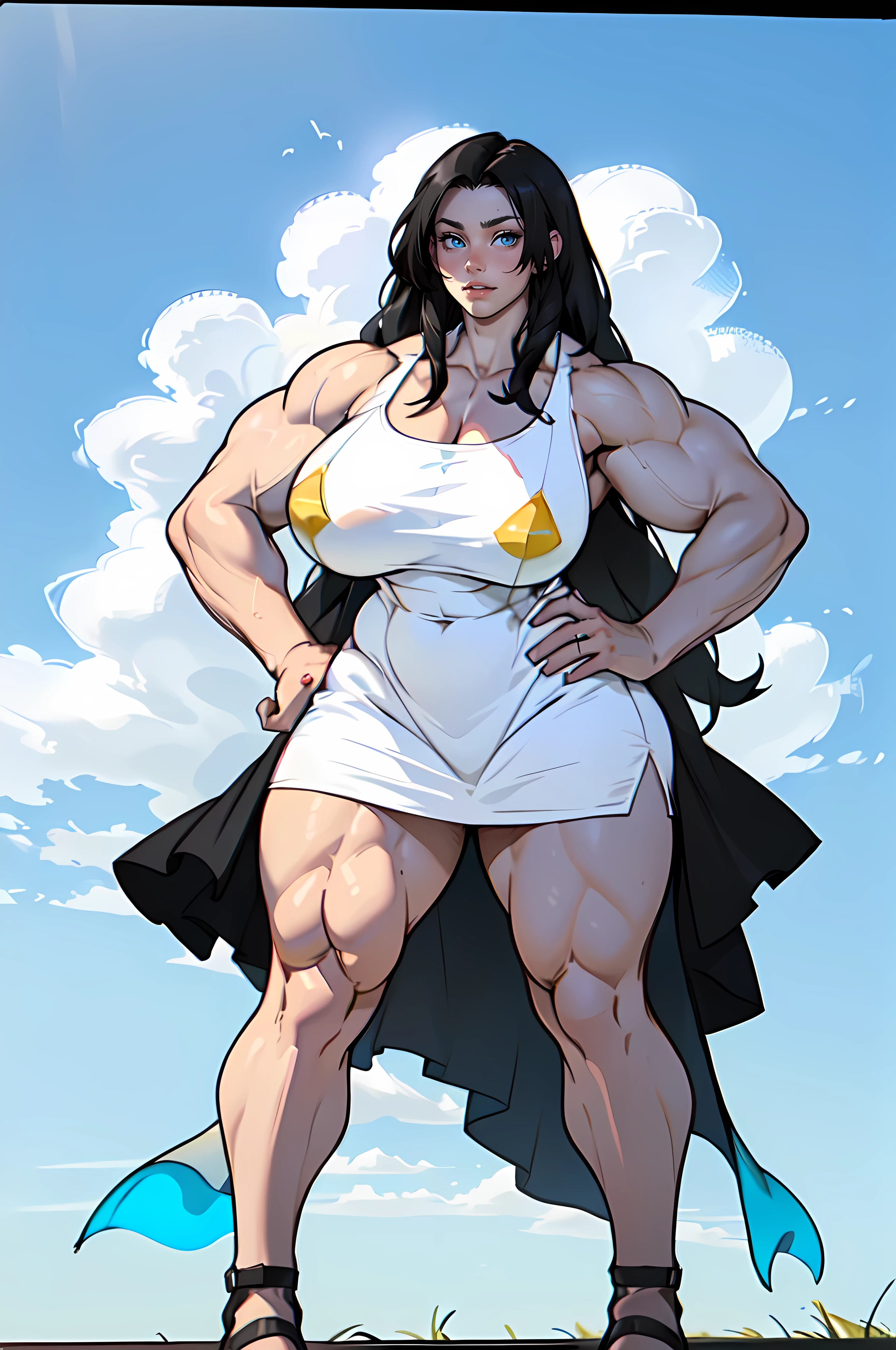 (Full Body) from the side (Massive Female Bodybuilder:1.9) ((Tall:1.5)) (Wide hips:1.6) (Narrow waist:1.6) ((Long Legs:1.5)) (huge breasts:2) thick sunny sky clouds black hair yellow eyes (transparent white sundress:1.7) black hair yellow eyes pale skin solo joyful long straight hair 