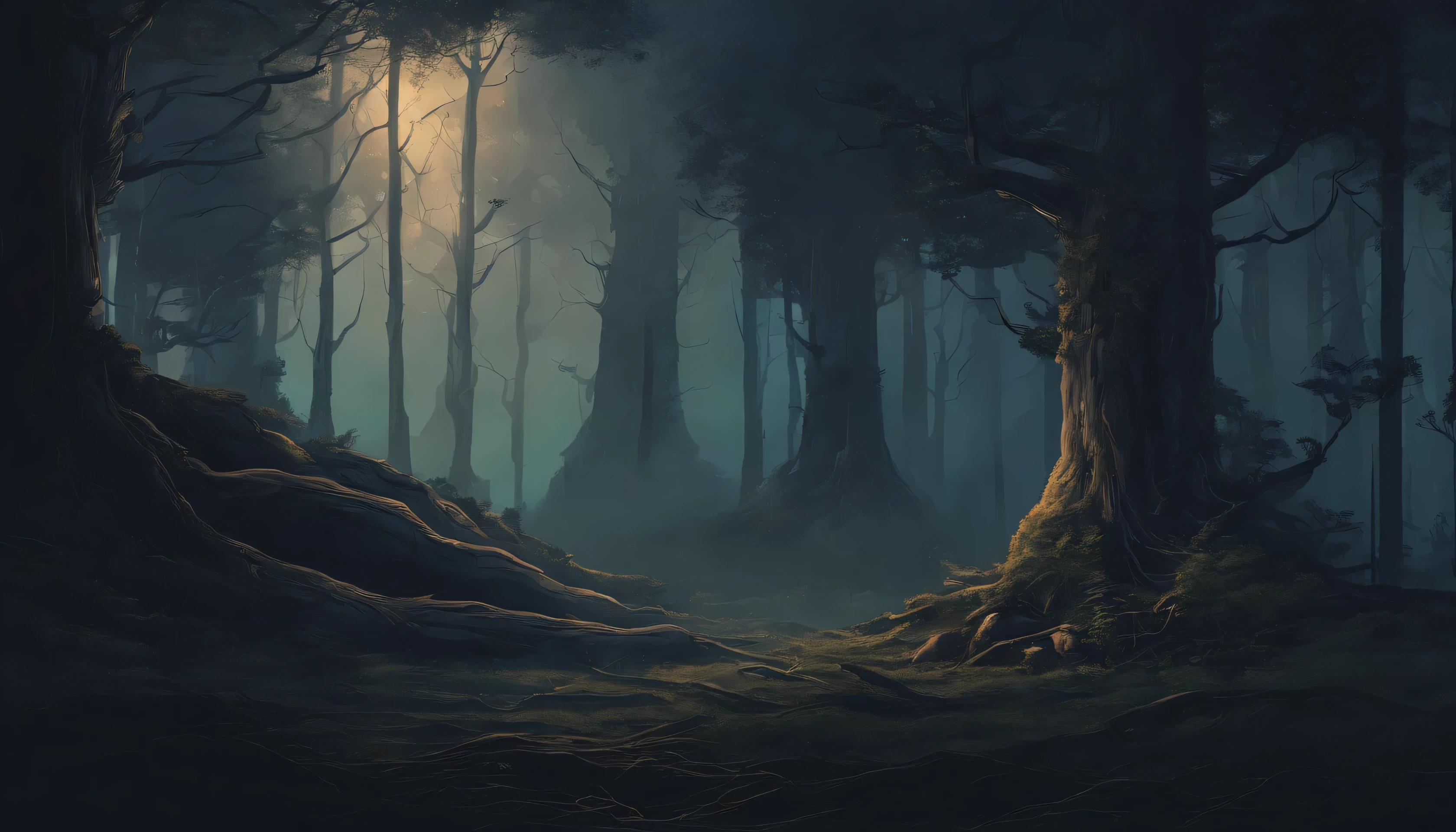 depressing, dark and dense forest at night with tall trees and many thick tree roots, woodlands