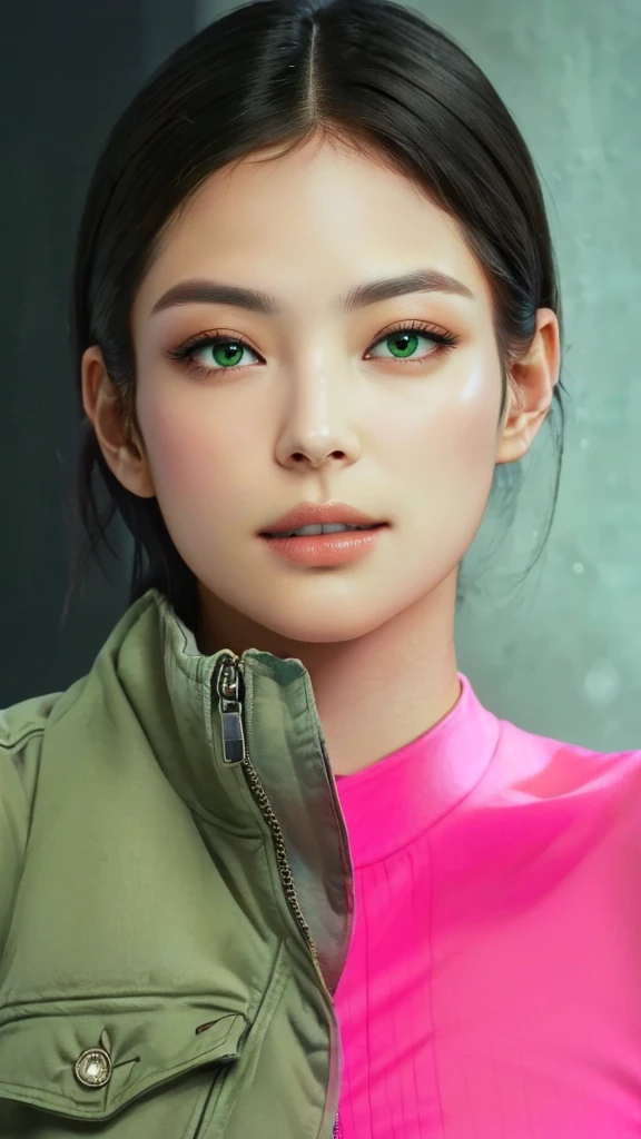 masterpiece, best quality, (extremely detailed CG unity 8k wallpaper), (best quality), (best illustration), (best shadow), absurdres, The image is a split-screen photograph of two individuals merged into one face. On the left, there's a man with short dark hair wearing a green jacket with zippers and buttons. His gaze is directed slightly to his right, and he has a serious expression. On the right, there's a woman with long dark hair, parted in the middle, and she's wearing a pink top with a high neckline. Her eyes are looking straight ahead, and her expression is neutral. The background of both halves is plain and nondescript, ensuring that the focus remains on their combined image.