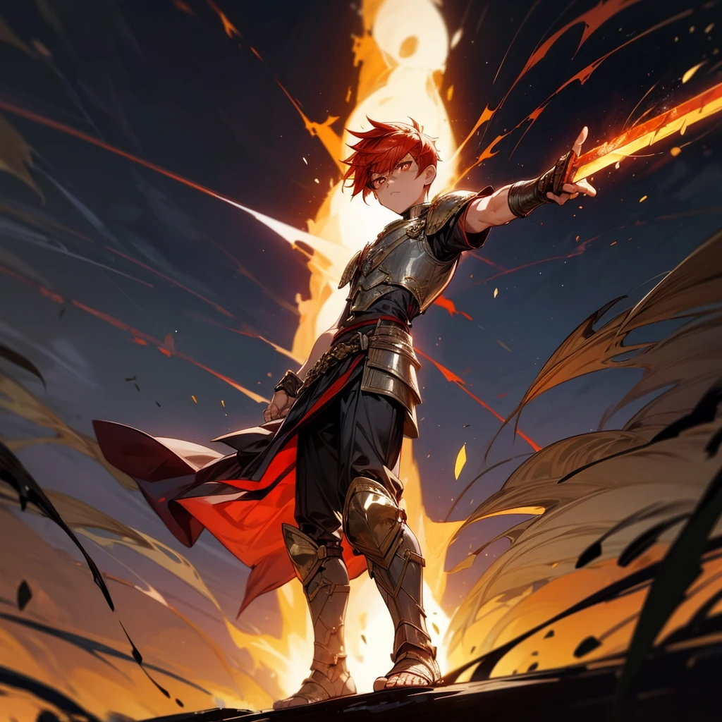 1boys, Full body version, orange eyes, undercut hair, red colour hair, very angry expression, gladiator clothing, short sleeve shirt, gladiator skirt, gold big armor body, bodybelt, gladiator sandals, Spatha sword in hand, (war gesture), Grassroots background in war, Full background, night, moonlight behind, moonlight silhouette, explosion, fire, fire background, blood on face, blood on sword, blood on armor, fire sword
