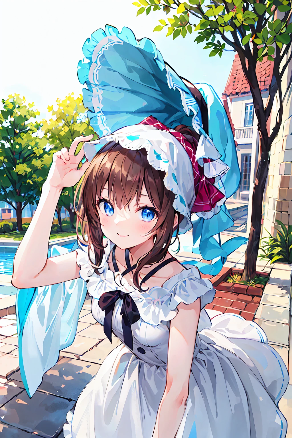 (masterpiece, Highest quality), One girl, smile, cute, Girl posing, Outdoor, Beautiful Face, bonnet, White Dress，Brown Hair，ponytail，Small breasts