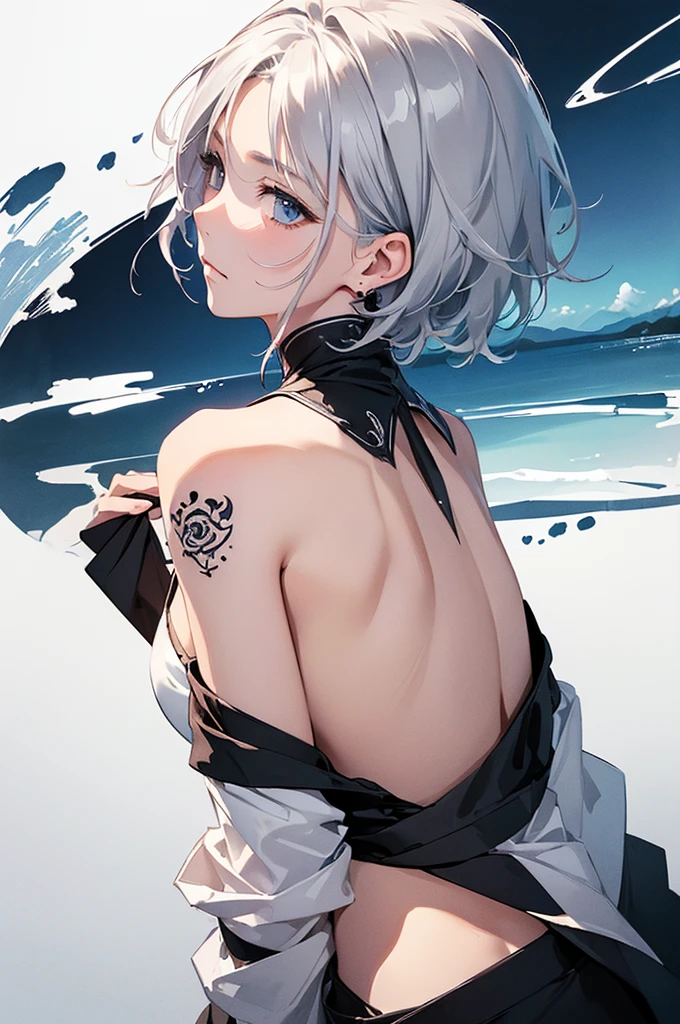 (Image from chest up:1.4)((masterpiece:1.5,Highest quality,Beautiful images、Sketch、2.5D、Ink Painting、Abstract、Artistic、Portraiture))(1girl, 独奏)(medium breasts, Silver Hair、short hair、sideboob、Exposing shoulders、Tattoo on shoulder)(横顔のPortraiture,Gaze sideways、Gaze diagonally、Shake your head、A sad expression, floating hair)(モノトーンのAbstractな背景)((from backside:1.3)),Landscape
