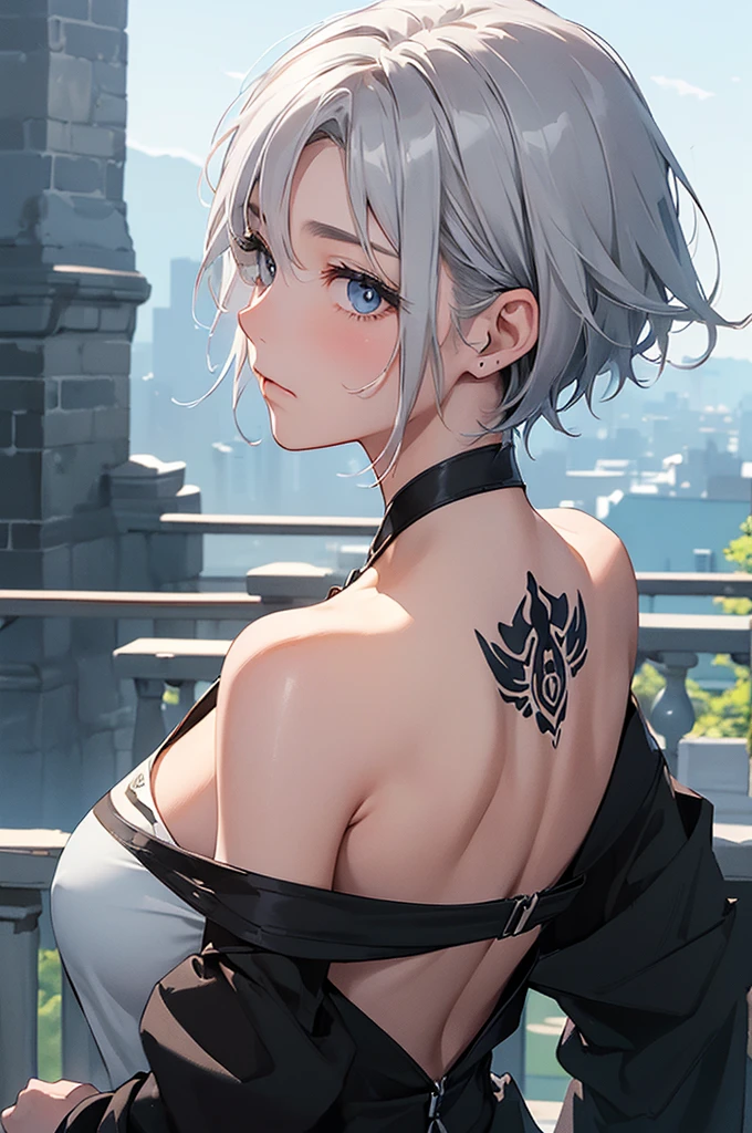 Avant-garde art(Image from chest up:1.4)((masterpiece:1.5,Highest quality,Beautiful images、Realistic、3d、Artistic))(1girl, 独奏)(medium breasts, Silver Hair、short hair、Beautiful cleavage、sideboob、Exposing shoulders、Tattoo on shoulder)(Profile portrait,Gaze sideways、Gaze diagonally、Shake your head、Smile, floating hair)(Monotone Abstract Background)((from backside:1.3))((Monotone costumes))
