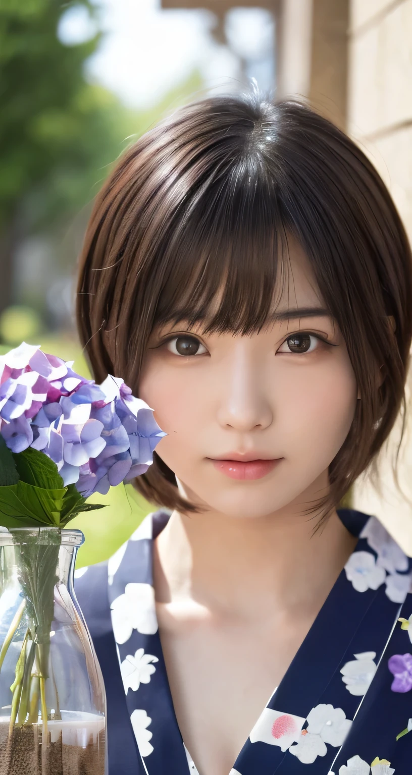 one girl, (a beauty girl, delicate girl:1.3), (16 years old:1.3),
break, (yukata, Japanese folk costume:1.2),
break, (glass vase, hydrangeas:1.2),
break, very fine eyes, (symmetrical eyes:1.3),
break, (big breasts:1.1), brown eyes, parted bangs, brown bobcut hair, round face,
break, (eyes and faces with detailed:1.0),
break, (masterpiece, best quality, ultra detailed, detailed face, 8k)