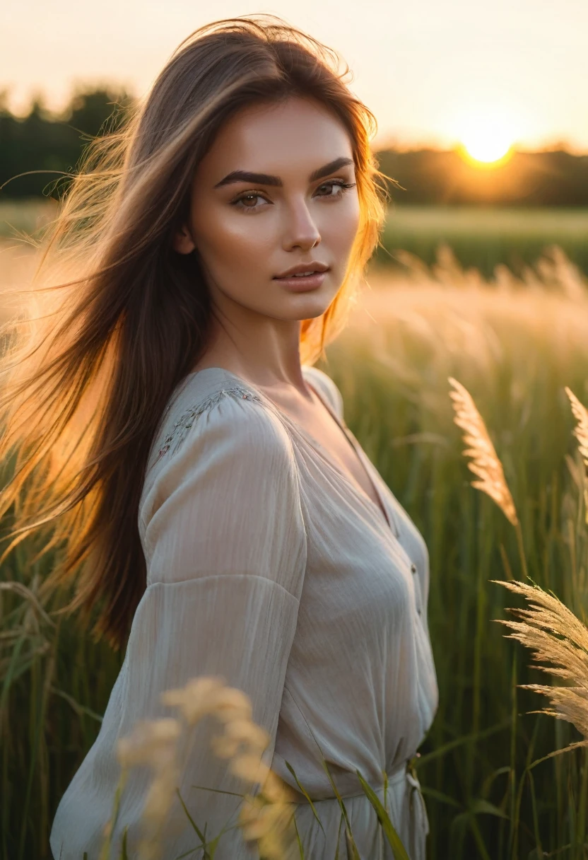 a woman standing in a field of tall grass with the sun setting, gorgeous woman, cinematic beautiful natural skin, attractive woman, attractive girl, photo of a beautiful woman, gorgeous attractive face, extremely beautiful face, in a field, beautiful female model, portrait of a beautiful model, soft portrait shot 8 k, beautiful delicate face, a beautiful young woman, attractive beautiful face
