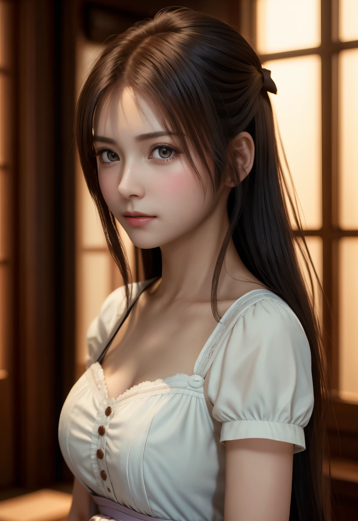 8K, of the highest quality, masutepiece:1.2), (Realistic, Photorealsitic:1.37), of the highest quality, masutepiece, Beautiful young woman, Pensive expression,、A charming、and an inviting look, Cute Maid Clothes, Hair tied back, Cinematic background, Light skin tone