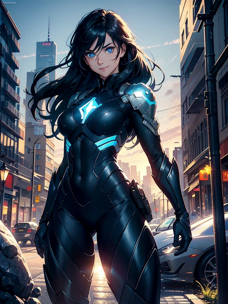 16K, HDR,UHD, RTX, ray tracing, chiaroscuro, best quality, masterpiece, ethereal, perfect illustration, digital artwork, trending on artstation, jaw-dropping perfection, ultra realistic, textured amazing lighting effects, perfect shadows, WLOP, 1girl, beautiful mature edgy woman in a cool long jacket and black pants, superhero suit, stomach covered by clothing, shoulder-length hair, shoulder-length hair, wavy hair, black hair, highly detailed glowing blue eyes, glowing eyes, blue eyes, beautiful glowy blue eyes, detailed eyes, beautiful face, perfect anatomy, broad shoulders, strong upper-body, modern city, city, beautiful weather, stunning sunshine, sunny, daylight, sunlight, modern, nature, daytime, superhero, uplifting, heroic, heroic pose, smiling, smiling at camera, athletic, hands near hips, glowy eyes, daytime, black and blue superhero suit, metal shoulder-pads, summertime, radiant sunlight, beautiful cityscape, hair blowing in wind, manly shoulders, big smile, wide smile, happy eyes, joyful, smiling with teeth, very tall, wide shoulders, sunlight, daylight, daytime