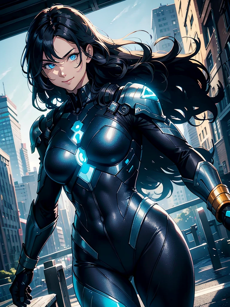 16K, HDR,UHD, RTX, ray tracing, chiaroscuro, best quality, masterpiece, ethereal, perfect illustration, digital artwork, trending on artstation, jaw-dropping perfection, ultra realistic, textured amazing lighting effects, perfect shadows, WLOP, 1girl, beautiful mature edgy woman in a cool long jacket and black pants, superhero suit, stomach covered by clothing, shoulder-length hair, shoulder-length hair, wavy hair, black hair, highly detailed glowing blue eyes, glowing eyes, blue eyes, beautiful glowy blue eyes, detailed eyes, beautiful face, perfect anatomy, broad shoulders, strong upper-body, modern city, city, beautiful weather, stunning sunshine, sunny, daylight, sunlight, modern, nature, daytime, superhero, uplifting, heroic, heroic pose, smiling, smiling at camera, athletic, hands near hips, glowy eyes, daytime, black and blue superhero suit, metal shoulder-pads, summertime, radiant sunlight, beautiful cityscape, hair blowing in wind, manly shoulders, big smile, wide smile, happy eyes, joyful, smiling with teeth, very tall, wide shoulders, sunlight, daylight, daytime