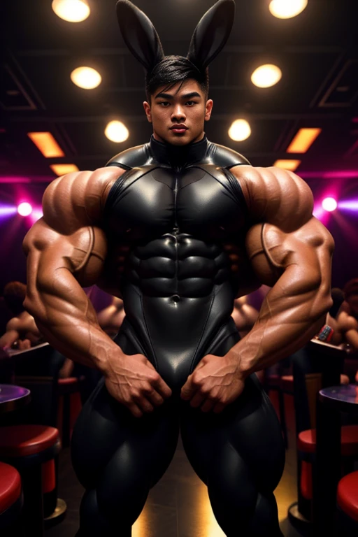 2 sexy Asian twinks with semi-short hair and a lot of body hair, super strong with a lot of muscle., They use a very tight black playboy bunny suit, waiters at a gay nightclub, stagnating his muscles, young guys around him touch his muscles 