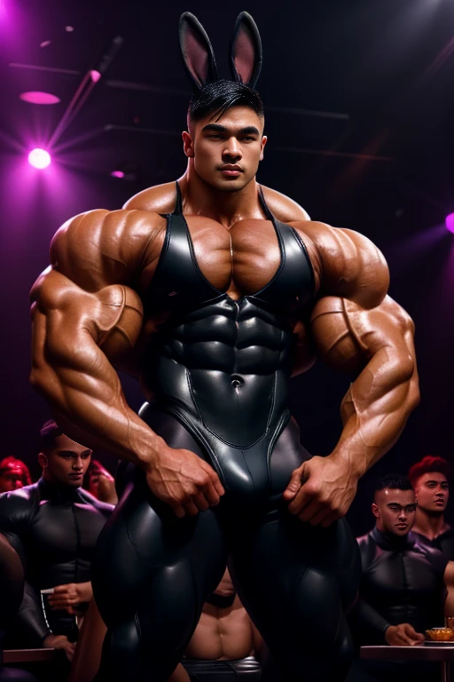 2 sexy Asian twinks with semi-short hair and a lot of body hair, super strong with a lot of muscle., They use a very tight black playboy bunny suit, waiters at a gay nightclub, stagnating his muscles, young guys around him touch his muscles