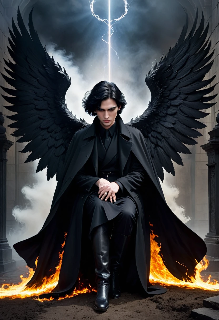Dark Book Cover:
A fallen angel dominates the scene, its immense black wings contrasting with its pale skin. Her black hair falls wildly over her face., partially hiding your dark eyes. He is kneeling, with one knee touching the rough ground, wrapped in a long black overcoat that flaps in the wind. Behind him, a flaming portal to hell emerges, radiating a sinister and threatening light, projecting shadows that seem to move with a life of their own. The atmosphere is filled with despair and mystery, capturing the essence of a world lost between redemption and damnation.