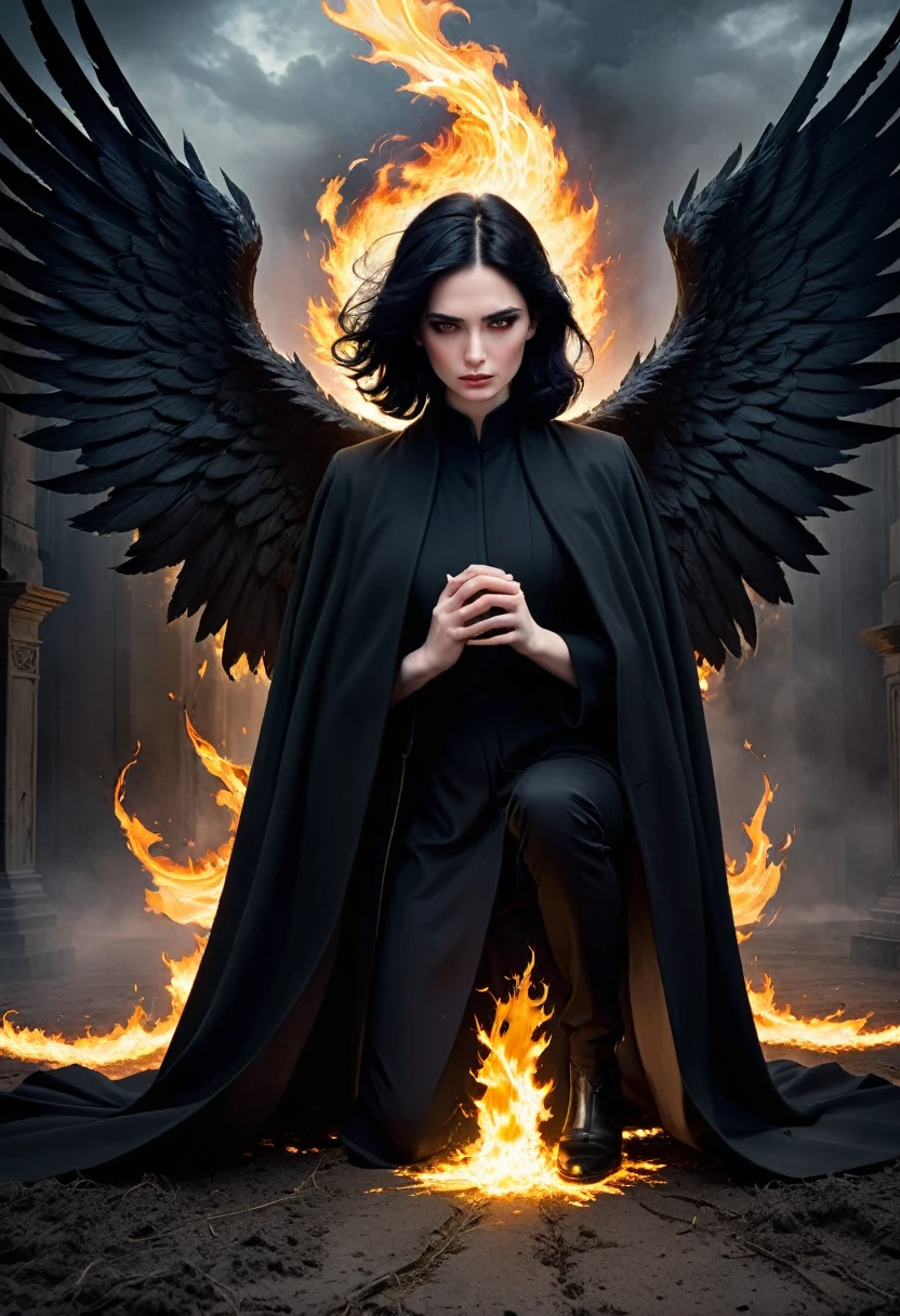Dark Book Cover:
A fallen angel dominates the scene, its immense black wings contrasting with its pale skin. Her black hair falls wildly over her face., partially hiding your dark eyes. He is kneeling, with one knee touching the rough ground, wrapped in a long black overcoat that flaps in the wind. Behind him, a flaming portal to hell emerges, radiating a sinister and threatening light, projecting shadows that seem to move with a life of their own. The atmosphere is filled with despair and mystery, capturing the essence of a world lost between redemption and damnation.