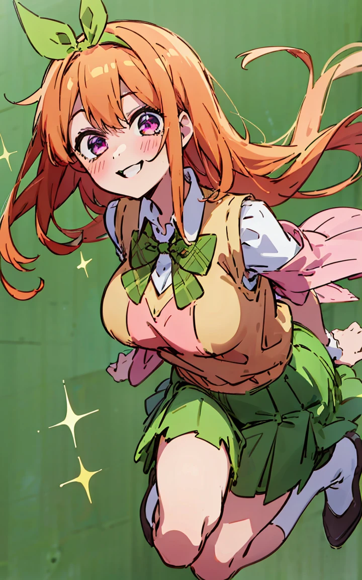 Ruby hoshino, long bponde hair, ruby dessed up as Yotsuba Nakano, long blonde hair with pink highlights, sparkling red pink eyes, star eyes, sparkling eyes, sweet face, cheery, playful happy face, lovely, 4k, perfect quality, excellent fusion, excellent character design, green ribbon, sleeveless yellow sweater, collared white short sleeved shirt, green bow tie, green pleated skirt, bright colors, pastel coloured image, vivid colours, light colours, simple background, magic hill background, splendid nature, natural light, daylight, full body, full shot, dinamic pose, extremely detailed, clean lineart, neat, smile