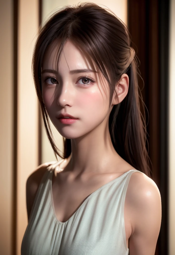 8K, of the highest quality, masutepiece:1.2), (Realistic, Photorealsitic:1.37), of the highest quality, masutepiece, Beautiful young woman, Pensive expression, Gentle eyes, Cute Nightgown、full of shyness、Hair tied back, Messy mood, Cinematic background, Light skin tone