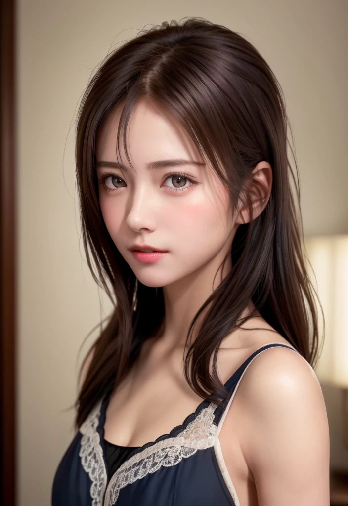 8K, of the highest quality, masutepiece:1.2), (Realistic, Photorealsitic:1.37), of the highest quality, masutepiece, Beautiful young woman, Pensive expression, Gentle eyes, Cute Nightgown、full of shyness、Hair tied back, Messy mood, Cinematic background, Light skin tone