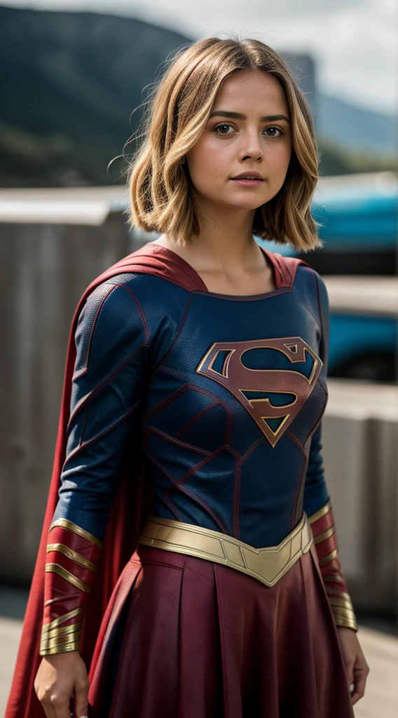 RAW photo, Jenna Coleman as Supergirl, (highly detailed skin: 1.2), 8K uhd, DSLR, soft-lighting, high quality, grain of film, Fujifilm XT3