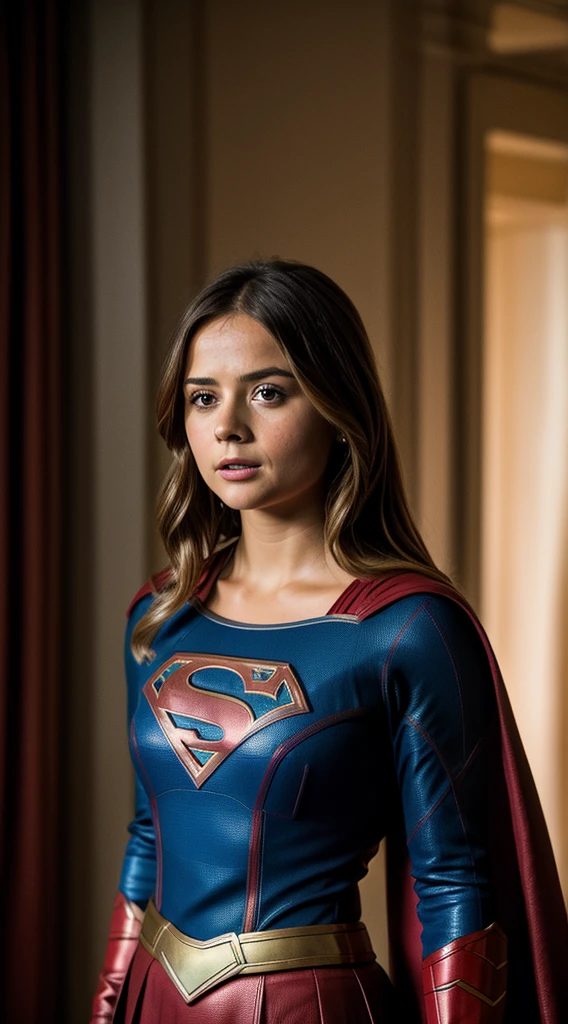 RAW photo, Jenna Coleman as Supergirl, (highly detailed skin: 1.2), 8K uhd, DSLR, soft-lighting, high quality, grain of film, Fujifilm XT3