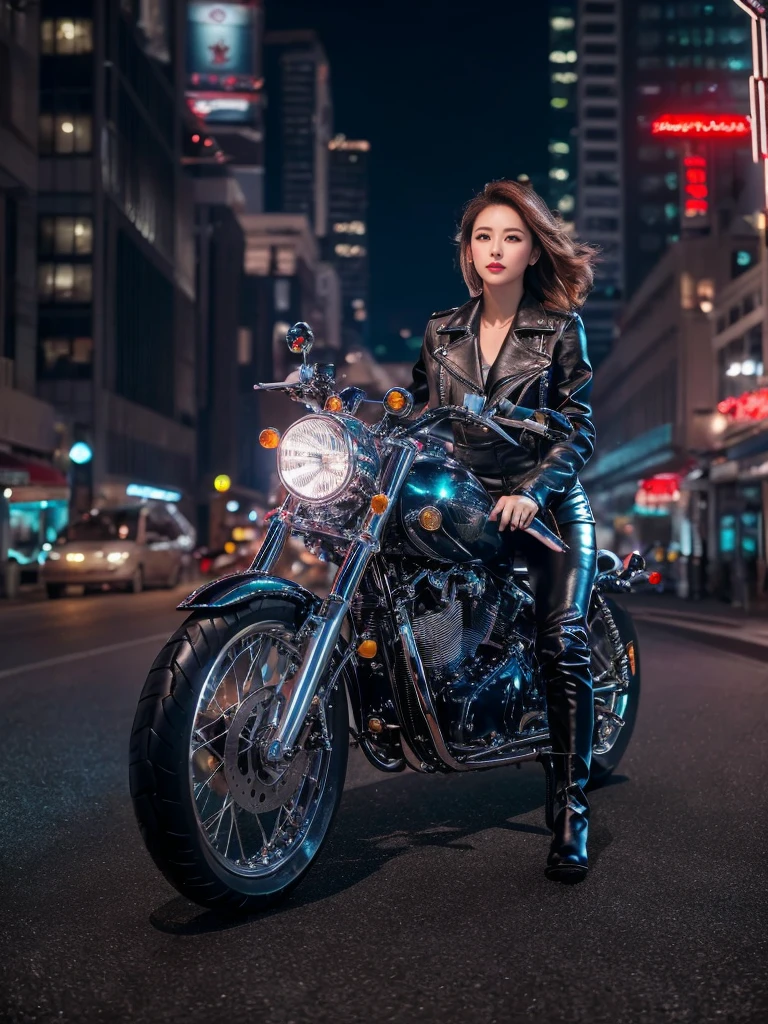 (masutepiece), Full body shot, Photos of the entire motorcycle, cute young woman, Ride an old, traditional shiny metallic silver motorcycle in the city, Charming shape, Shoulder-length shiny smooth hair, Wears a leather black riding jacket, Glossy satin red bikini under riding jacket, Black leather riding gloves, Leather black trousers, Leather black high-heeled boots, Gaze at the night view of the sea, Absolutely beautiful face, Double eyelids, Natural makeup, Long eyelashes, Glossy lips, 8K resolution, High details, Detailed hairstyle, Detailed face, Black eyes, ellegance, epic, Cinematic lighting, Octane rendering, vibrant, Ultra photo realsisim, Fair skin, Perfect limbs, Perfect ???????