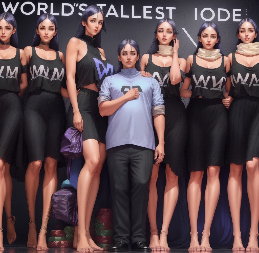 Three tall girls on the lfe left, three tall girls in the right, short man in the middle, the girls are much taller than the man, girls have big and cleavage, girls are wearing black, man is wearing blue shirt, girls are standing barefoot, man is wearing shoes,