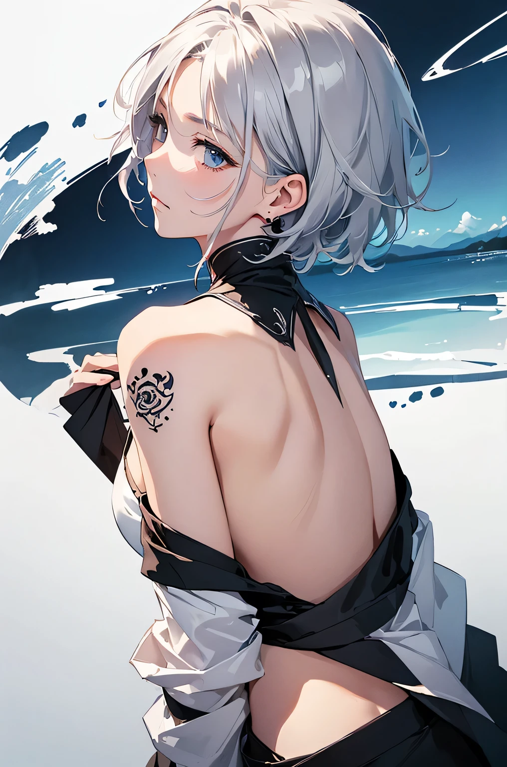 (Image from chest up:1.4)((masterpiece:1.5,Highest quality,Beautiful images、Sketch、2.5D、Ink Painting、Abstract、Artistic、Portraiture))(1girl, solo)(medium breasts, Silver Hair、short hair、sideboob、Exposing shoulders、Tattoo on shoulder)(Profile Portrait,Gaze sideways、Gaze diagonally、Shake your head、A sad expression, floating hair)(Monotone Abstract Background)((from backside:1.3)),Landscape
