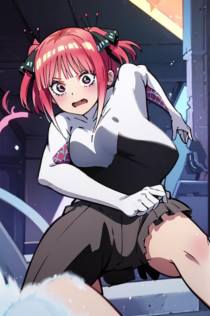 score_9, score_8_up, score_7_up, source_アニメ, sakimiya iruka, red hair, green eyes, one side up, medium hair, green scrunchie, hair ornament, shiny skin, rating_explicit, big breasts, large ass, bondage corset, (shocked),(tears:1.3),(sweat:1.2), shout,(steam on body, heavy breathing), (trembling:1.5), drooling, bouncing breasts, unaligned breasts,(motion lines:1.3), (motion blur:1.5),(pussy juice, Squirting:1.4), (troll:1.2), (2men, vaginal penis, perspective, dynamic posing),(arched back:1.2), 2penises,(huge penis:1.6), (head grab:1.2), (cum in pussy:1.3), excessive cum,(cum in mouth, cum on tongue, facial, cum on hair), projectile cum, cum string, pole dance, on stage, from below