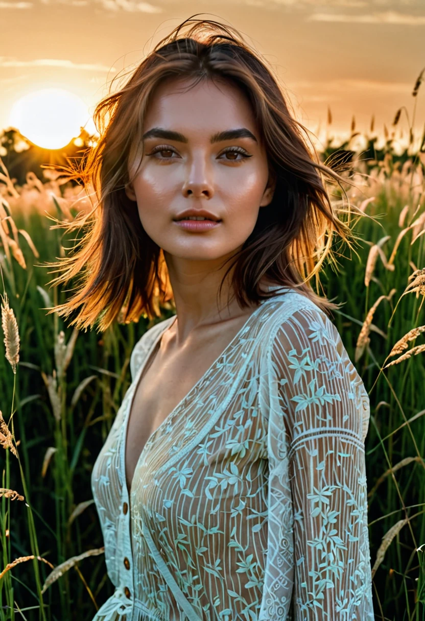 a woman standing in a field of tall grass with the sun setting, gorgeous woman, cinematic beautiful natural skin, attractive woman, attractive girl, photo of a beautiful woman, gorgeous attractive face, extremely beautiful face, in a field, beautiful female model, portrait of a beautiful model, soft portrait shot 8 k, beautiful delicate face, a beautiful young woman, attractive beautiful face