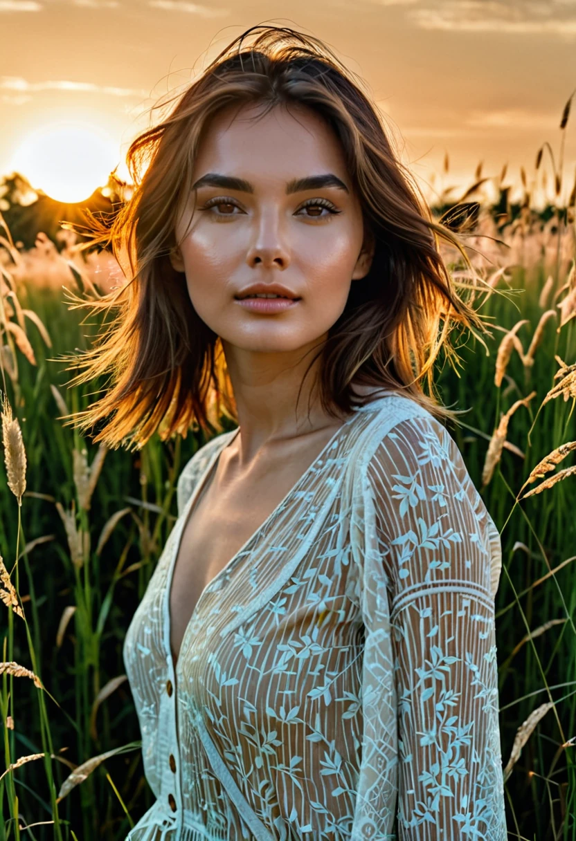 a woman standing in a field of tall grass with the sun setting, gorgeous woman, cinematic beautiful natural skin, attractive woman, attractive girl, photo of a beautiful woman, gorgeous attractive face, extremely beautiful face, in a field, beautiful female model, portrait of a beautiful model, soft portrait shot 8 k, beautiful delicate face, a beautiful young woman, attractive beautiful face
