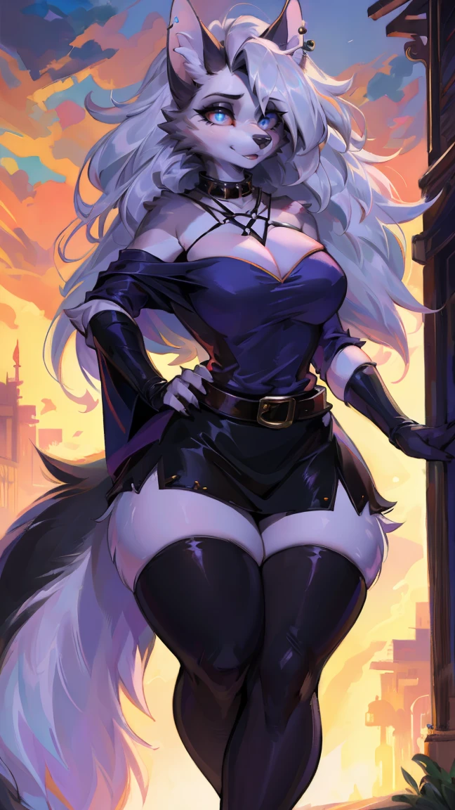 cute,furry_girl,hellhound_girl,Elegant figure,Model's body_type,detailed_eyes,silver_hair,cute_ears,wolf_ears,black robe,fluffy_furs,earrings,stocking with garterbelt,neck garter,(perfect detailed eyes:1.5),(front:1.5),(furry:1.5),long lashes,flowy chiffon,(thick thighs:1.1),perfectly high-detail facial features,silky long hair,masterpiece, best quality, Ultra-high quality, Ridiculous details,(best quality,4k,8k,highres,masterpiece:1.2),ultra-detailed