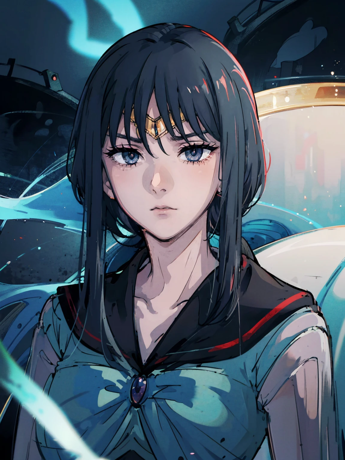 dark, masterpiece, Highest quality, 8K、Sailor Mars Red Collar, (Unhealthy face:1.9, Dark Eyes:1.5, Dark circles under the eyes, Yandere:1.5, Unhappy face, Lifeless face), Long hair in the eyes, Long Bangs, Eyes through the bangs, Big eyes,　Turquoise Eyes, Bust Shot, Dark atmosphere
