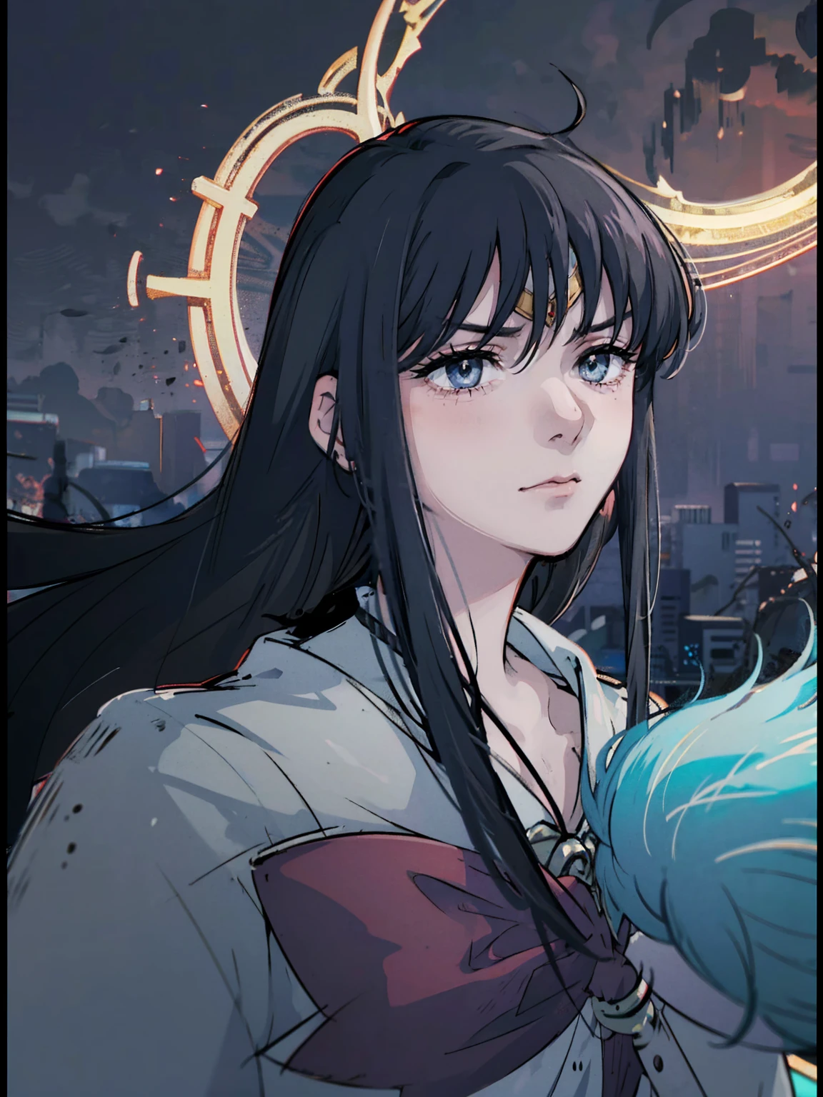 dark, masterpiece, Highest quality, 8K、Sailor Mars Red Collar, (Unhealthy face:1.9, Dark Eyes:1.5, Dark circles under the eyes, Yandere:1.5, Unhappy face, Lifeless face), Long hair in the eyes, Long Bangs, Eyes through the bangs, Big eyes,　Turquoise Eyes, Bust Shot, Dark atmosphere
