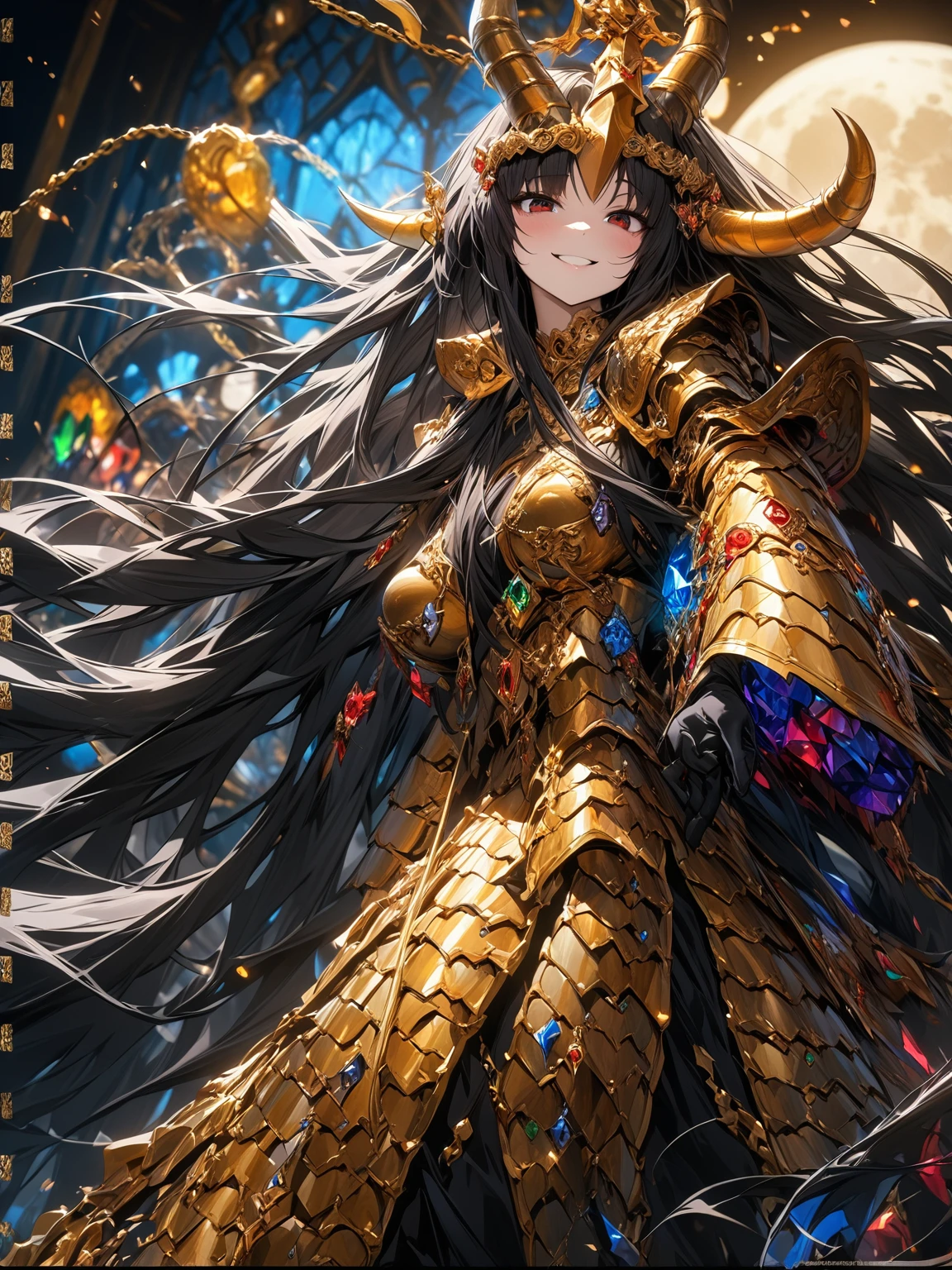 (best quality,4k,8k,highres,masterpiece:1.2), ultra-detailed,HDR, UHD, studio lighting, ultra-fine painting, sharp focus, physically-based rendering, extreme detail description, professional, vivid colors,prefect face, anatomically correct,1girl,defined lines,houraisan_kaguya_touhou,long_hair, black_hair, very_long_hair, smile,bangs, red_eyes, brown_eyes,(Ornate golden armor plates,golden horn ornaments,multicolored gemstones,yellow and black clothes,black glove,Black torso,Golden chains),night,moon in the upper left corner
